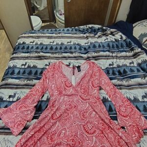 Elegant Red Paisley Long Sleeve Dress